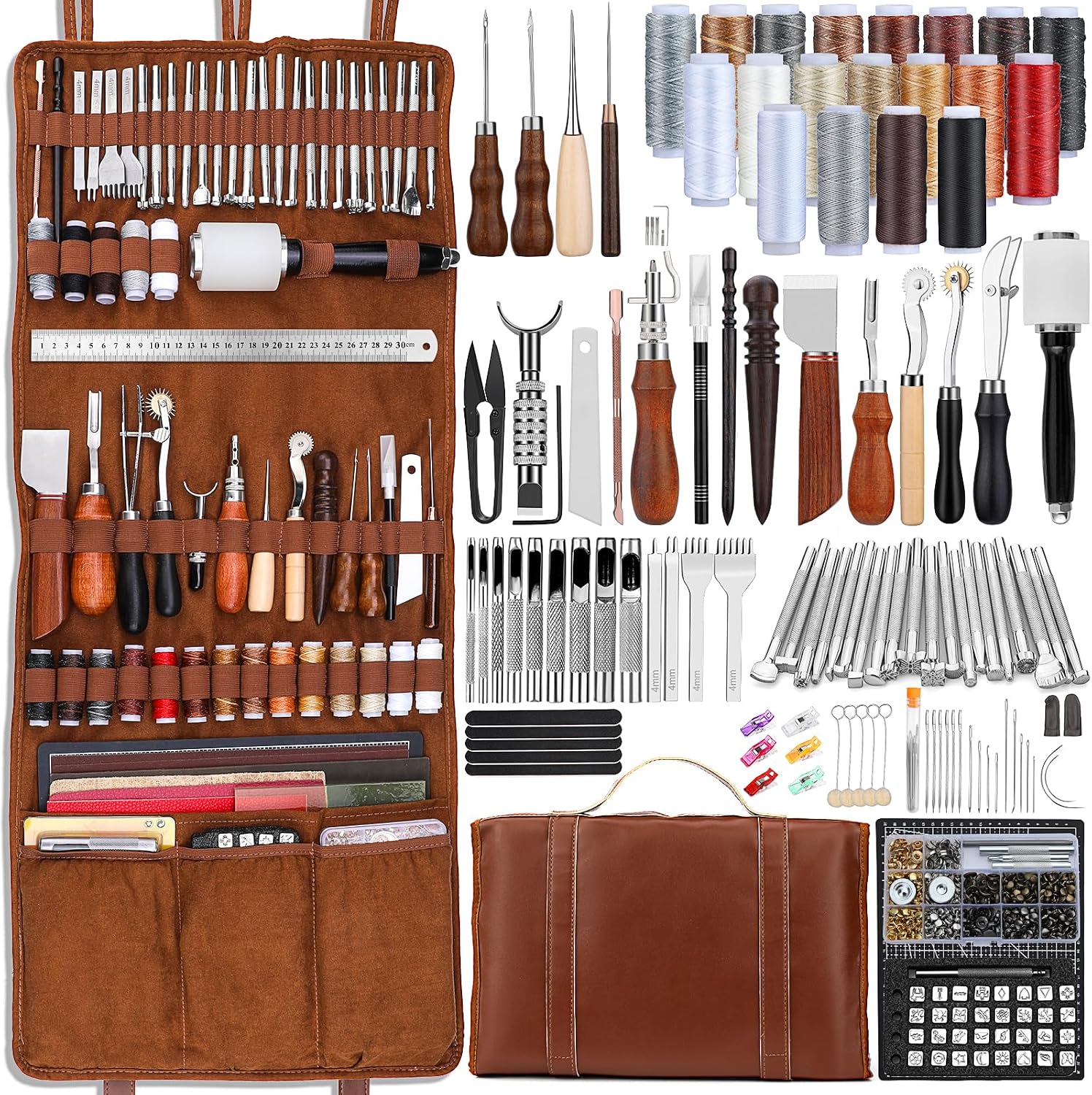 Leather Work - ชุดเครื่องมือหนัง ชุดอุปกรณ์งานหนัง ชุดเครื่องมือทำหนัง พร้อมแผ่นรองตัดแบบกำหนดเอง สำหรับงานแกะสลัก เจาะ