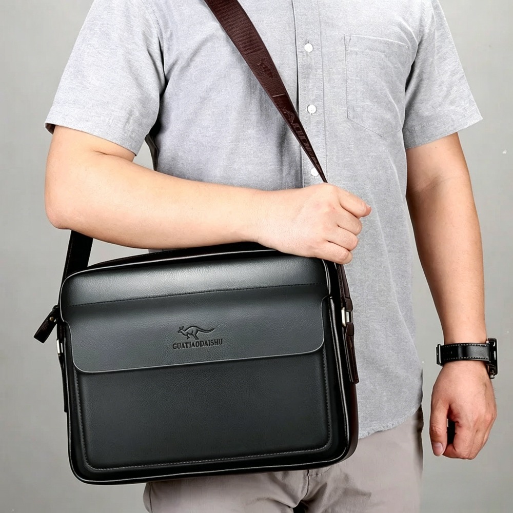 Leather Work Laptop Bag - กระเป๋าสะพายไหล่เดี่ยวผู้ชายหนัง PU สไตล์เรโทร ความจุขนาดใหญ่ พกพาสะดวก สไตล์ธุรกิจ