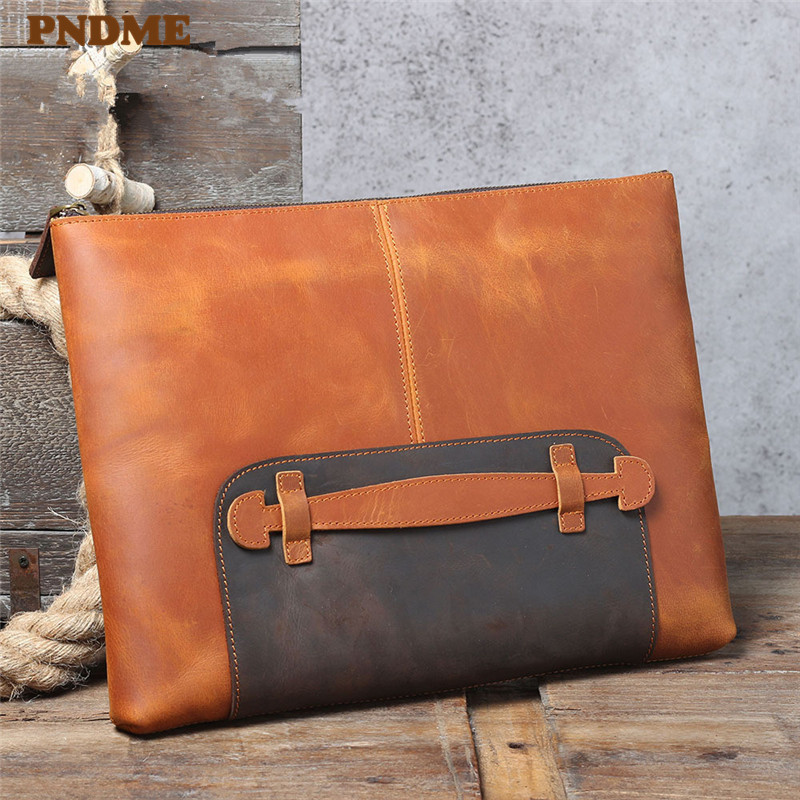 Leather Work Laptop Bag - กระเป๋าคลัทช์หนังแท้ทำมือสไตล์วินเทจสำหรับผู้ชาย ความจุเยอะ ดีไซน์เรียบง่าย หนังวัวแท้ธรรมชาติ ใส่เอกสาร A4