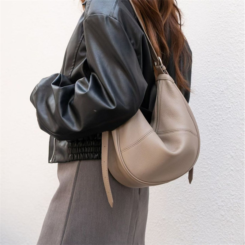 Leather Work Handbag - กระเป๋าสะพายไหล่ทรงครึ่งวงกลมหนังแท้ BURMINSA สำหรับผู้หญิง กระเป๋าหนังวัวนุ่มสบาย สะพายข้าง ใช้ได้ทุกวัน