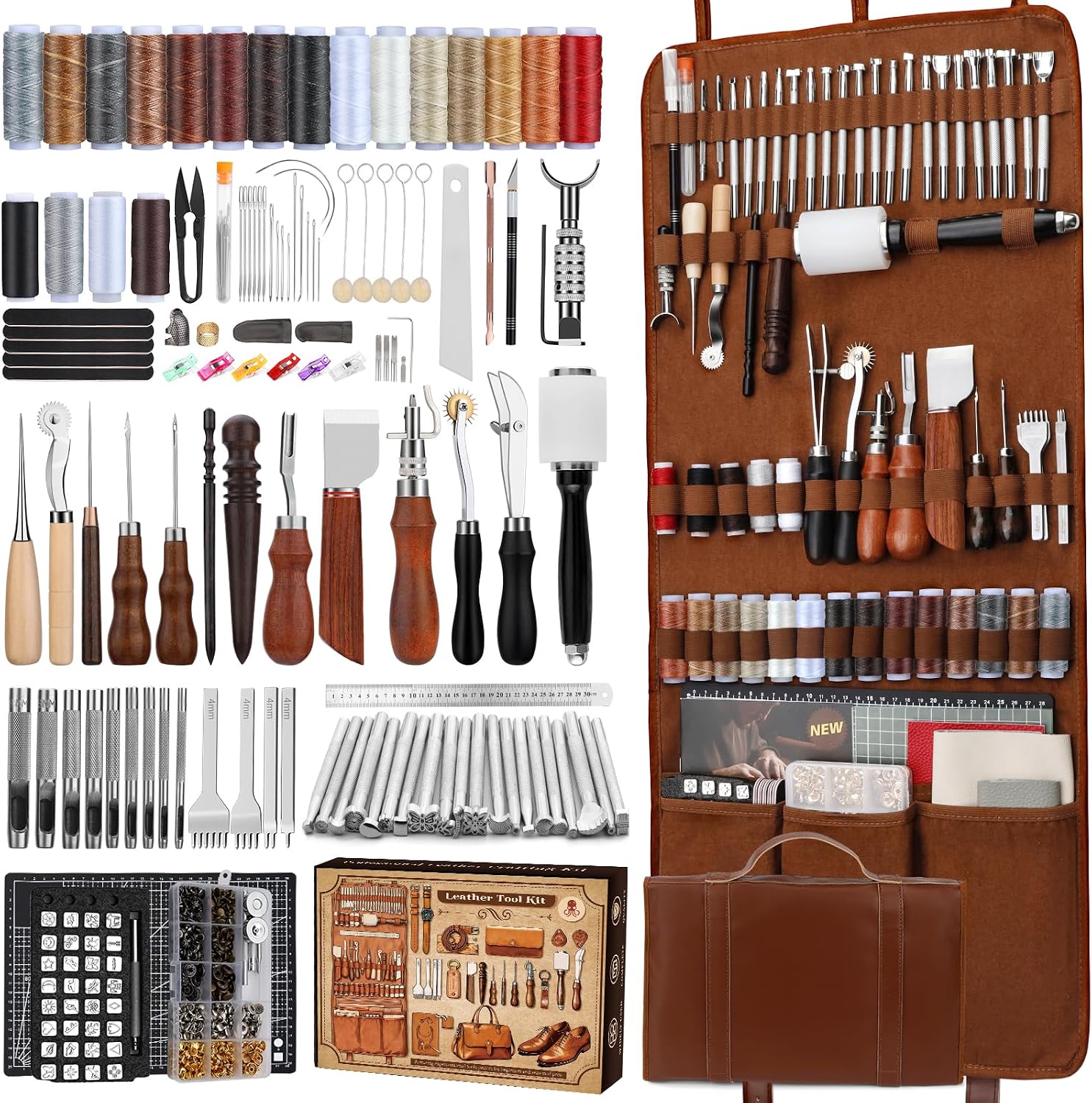 Leather Work - ชุดอุปกรณ์งานหนัง, เครื่องมือทำงานหนังและชุดงานฝีมือพร้อมกระเป๋าเก็บของแบบกำหนดเอง, อุปกรณ์แกะสลัก, ตัด, เย็บ, ปั๊ม,