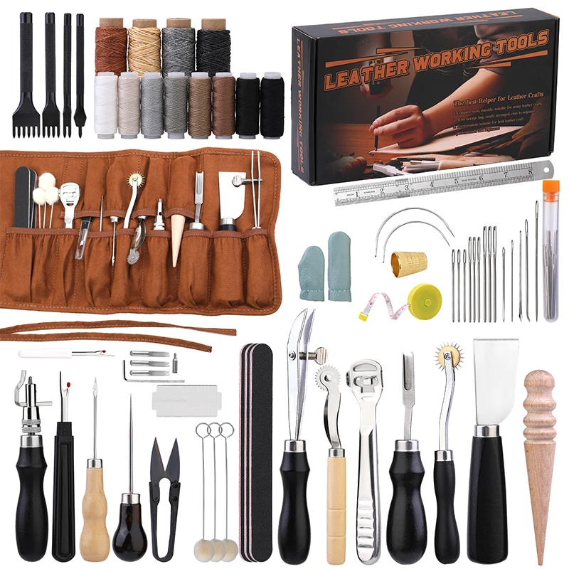 Leatherwork Repairs - KRABALL Professional หนังหัตถกรรมชุดเครื่องมือเย็บมือชุดซ่อมด้ายขี้ผึ้งเย็บ Punch แกะสลักทํางาน Groover